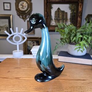Vintage Blue Mountain Pottery Long Neck Duck Figurine - MCM Green Drip Glaze 11"